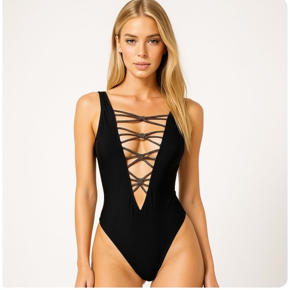 Gideon Oberson Black bungee cord sexy One-Piece Swimsuit Women’s Size 6